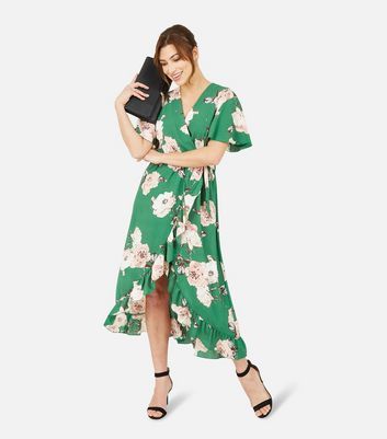 Mela Green Floral Frill Midi Wrap Dress ...